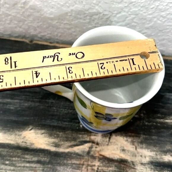 Andrea By Sadek Floral Yellow Checkered Ceramic Mugs Set Of 2 - Picture 6 of 6